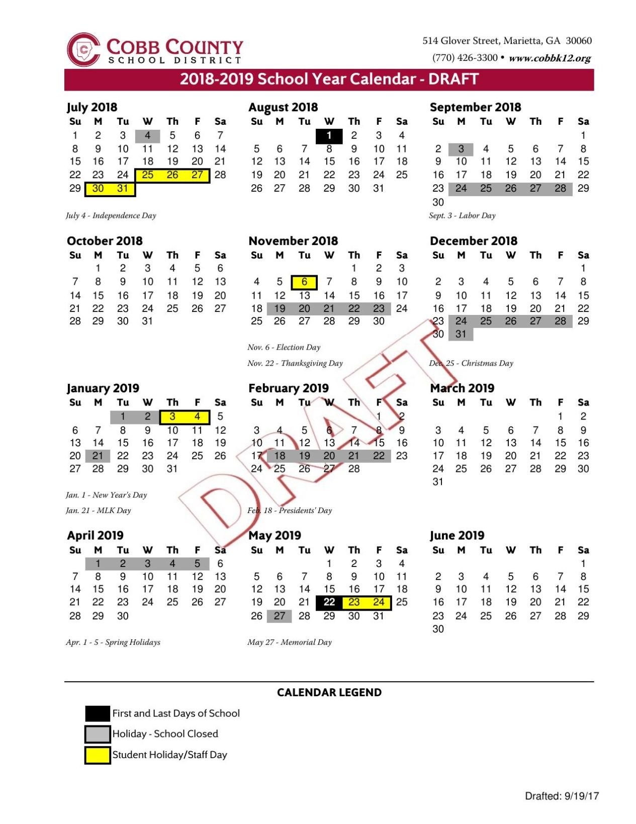 Cobb School Calendar 2018 19 pdf mdjonline com
