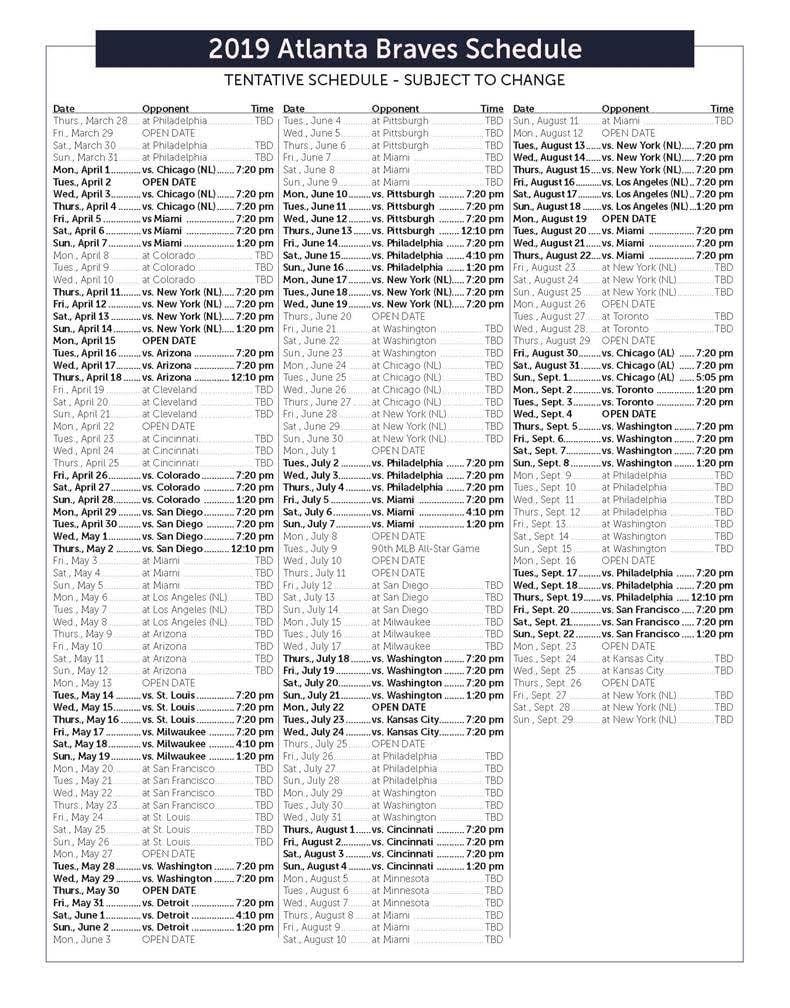 braves schedule 2021 calendar Braves Release First Draft Of 2019 Schedule Announce Earlier Weeknight Start Times News Mdjonline Com braves schedule 2021 calendar