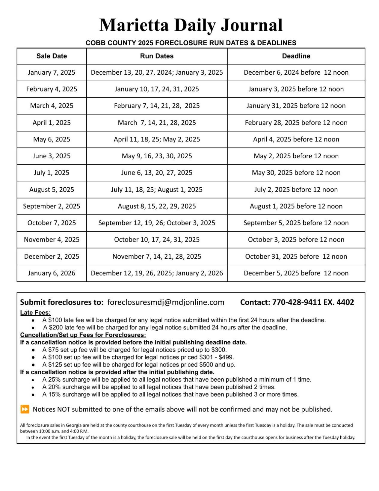 2025 Foreclosure Calendar