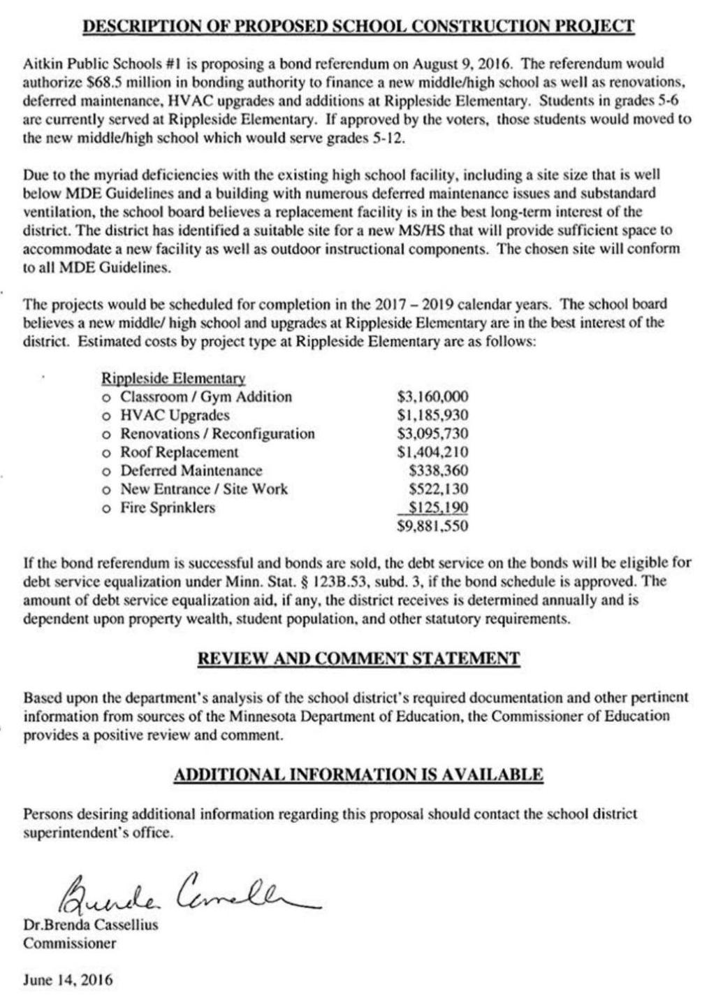 The Commissioner of the Department of Education Review and Comment on the  School Construction Project Proposal of Aitkin Public School District #1 –  page 2 | Legal Notices | messagemedia.co