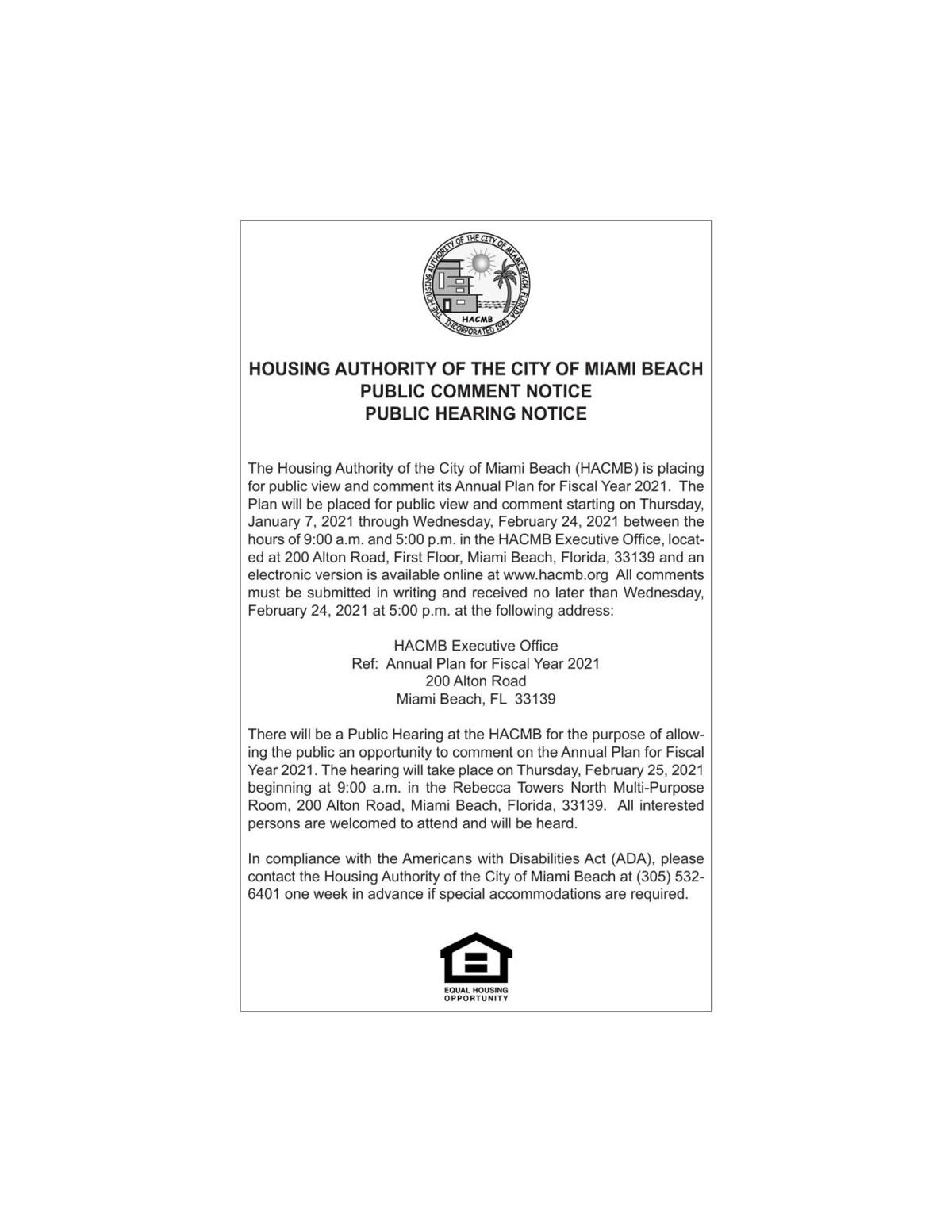 Housing Authority Of The City Of Miami Beach Legal Announcements