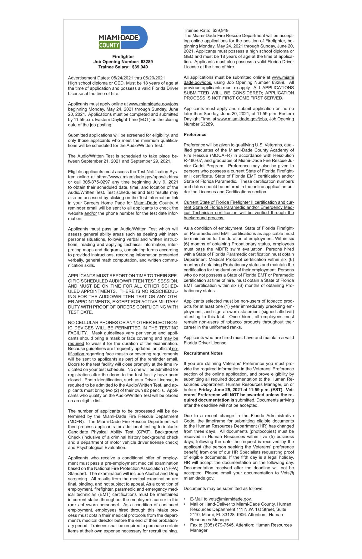 Firefighter Job Opening Number: 63289 | Legal Announcements |  miamitimesonline.com