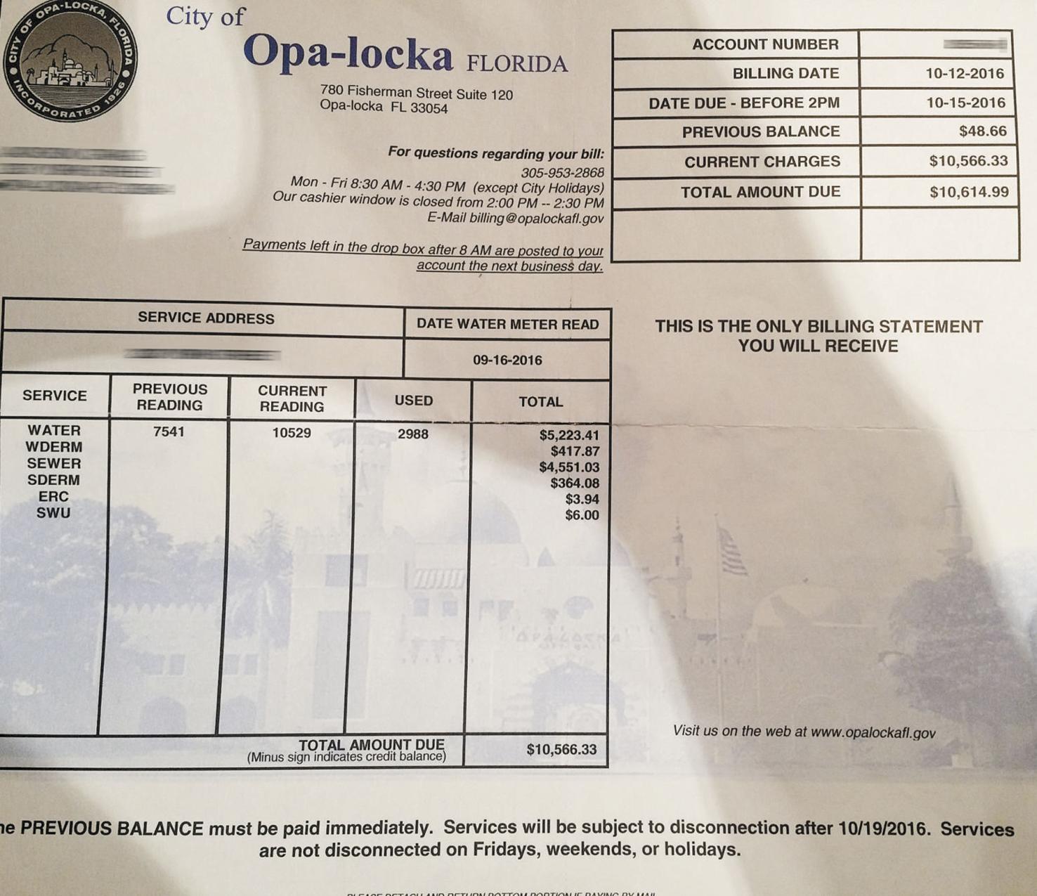 Sample of a water bill from Opalocka