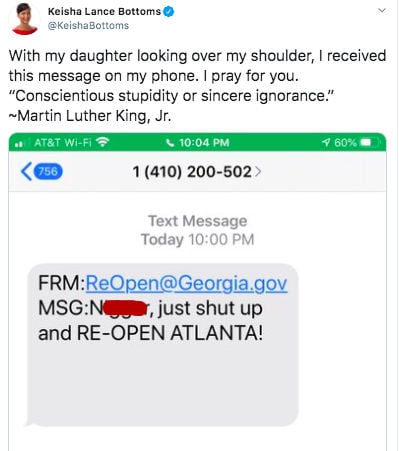 Georgia Officials Investigate Racial Slur In Text To Atlanta Mayor That Demanded City Reopen Amid Pandemic Covid 19 Hub Miamitimesonline Com