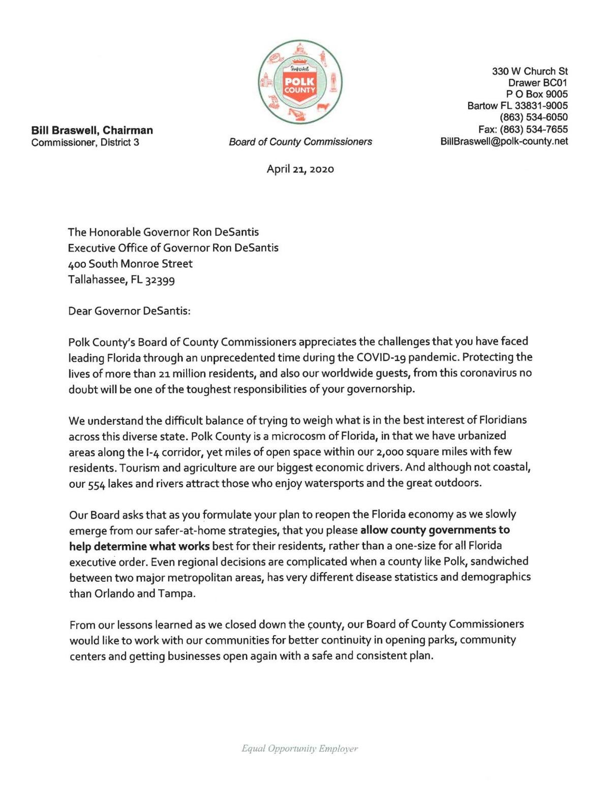 Polk Board Of County Commissioners Sends Letter To Gov Ron
