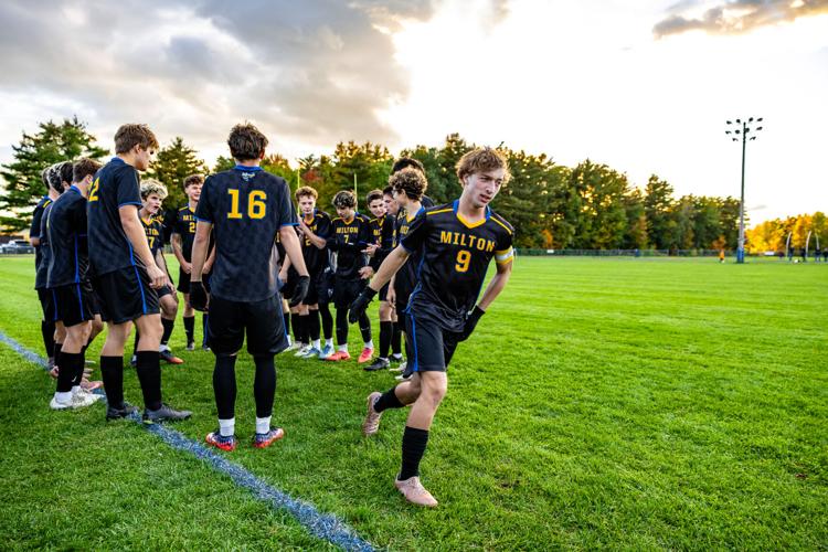 Killian Choquette (9) runs out of the huddle to line up at the start of the game at Milton High School's Homecoming Game vs Rice, Milton, Vermont on October 5, 2026.