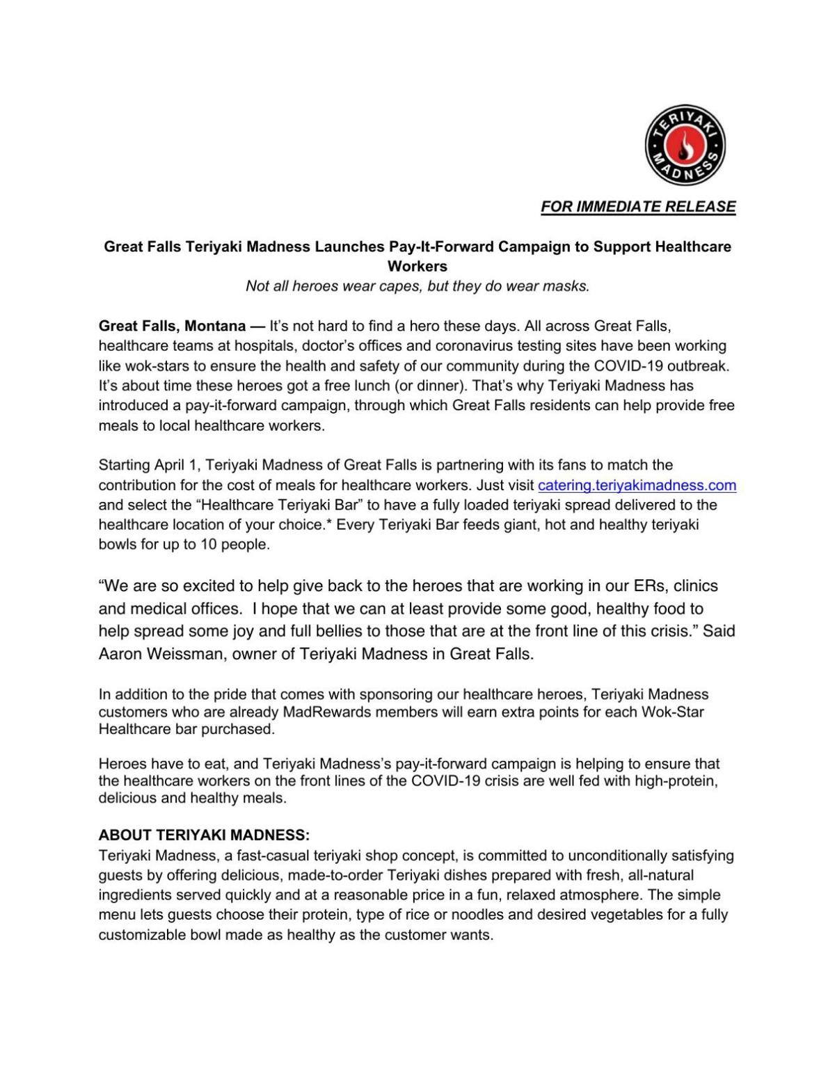 Great Falls Teriyaki Madness Launches Pay It Forward Campaign To