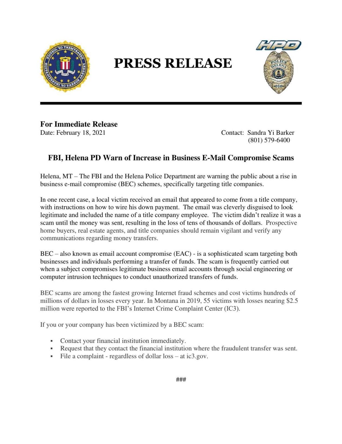 Fbi Helena Pd Warn Of Increase In Business E Mail Compromise Scams Montanarightnow Com Fbi Helena Pd Warn Of Increase In Business E Mail Compromise Scams Montanarightnow Com
