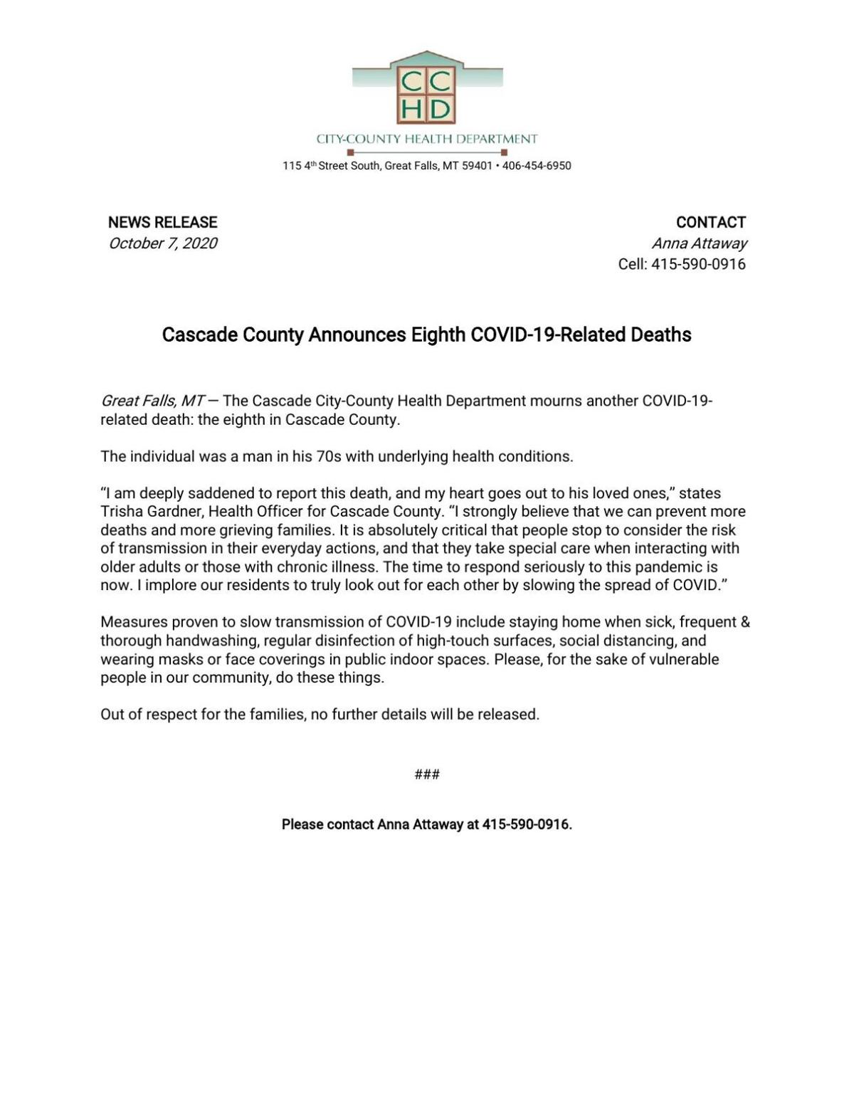 Cascade County Press Release 8th Covid 19 Death In Cascade County Montanarightnow Com