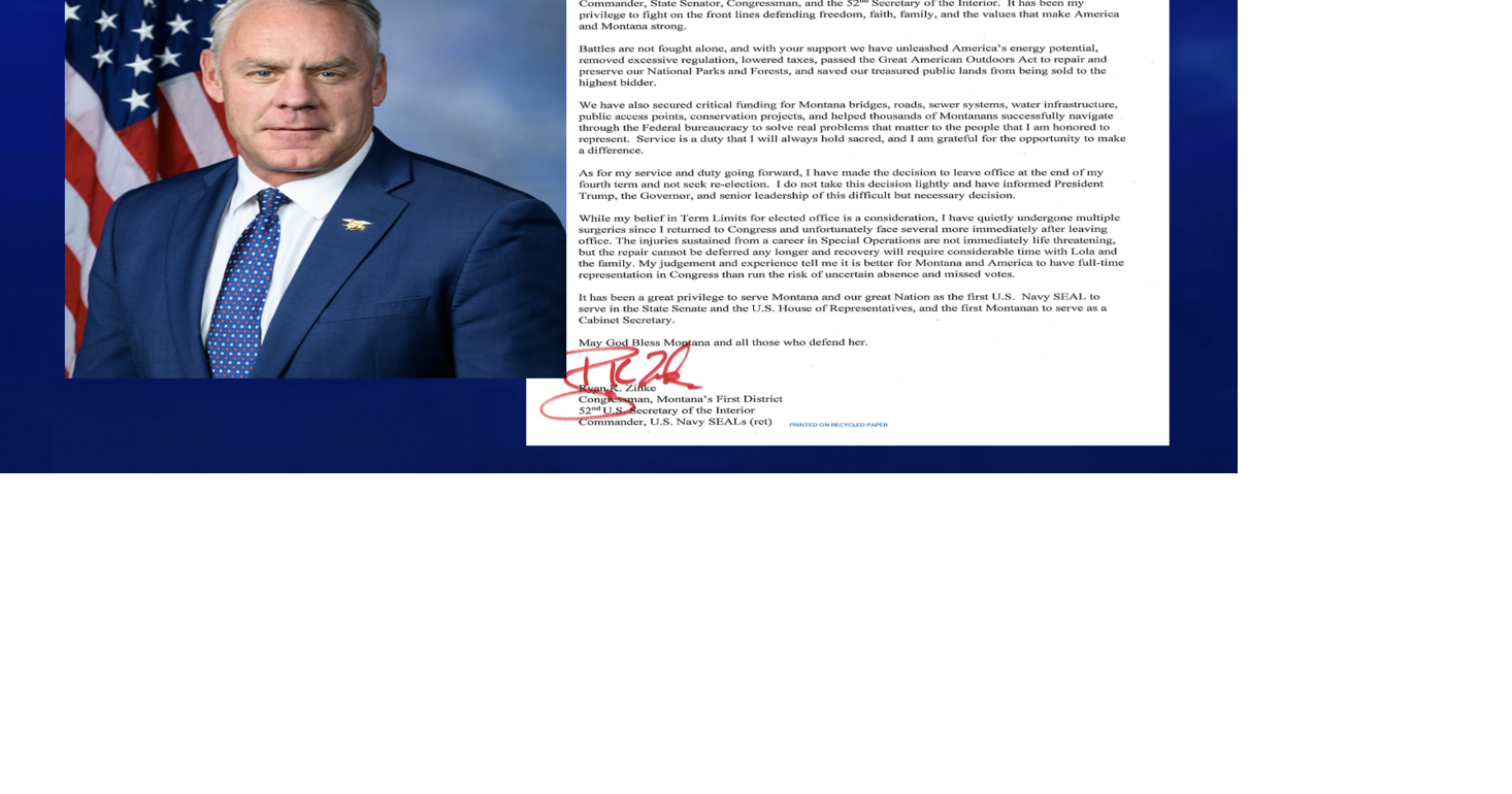 Montana Congressman Ryan Zinke to retire, will not seek reelection