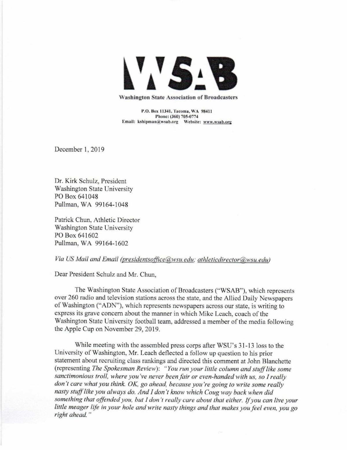 Wsab Adn Wsu Letter Leach Blanchette Incident