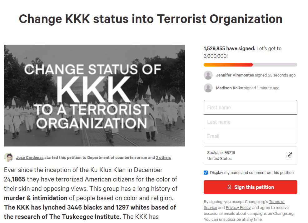 Kennewick Man S Change Org Petition To Declare Kkk Terrorist