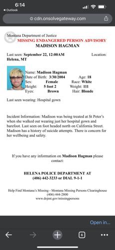 Missing person alert out for missing 18-year-old out of Helena