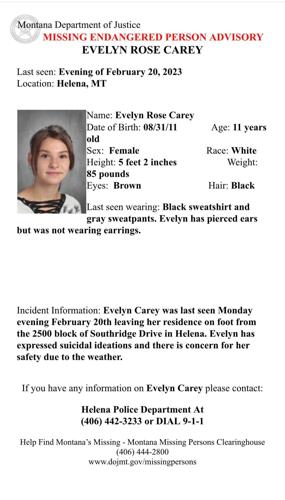 Missing 11 Year Old Helena Girl Evelyn Carey Found Safe Helena News 0132