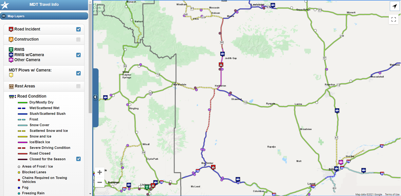 MDT reporting poor road conditions, road closures