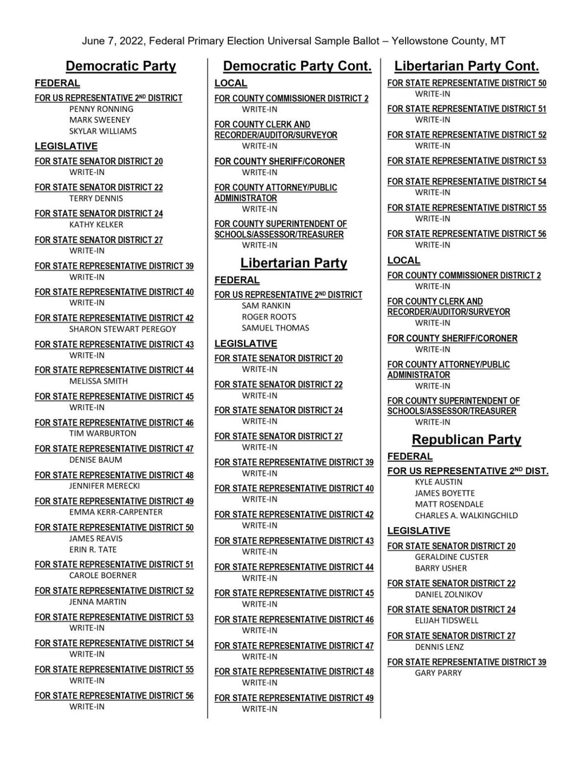 Yellowstone County Sample Ballots for the June 7, 2022 Election
