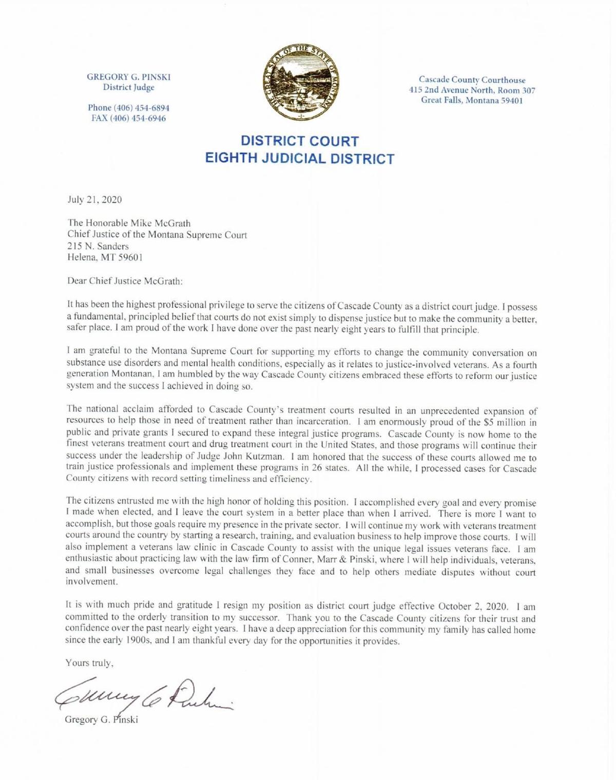 Letter Of Resignation From Cascade County District Court Judge Montanarightnow Com Cascade County District Court Judge