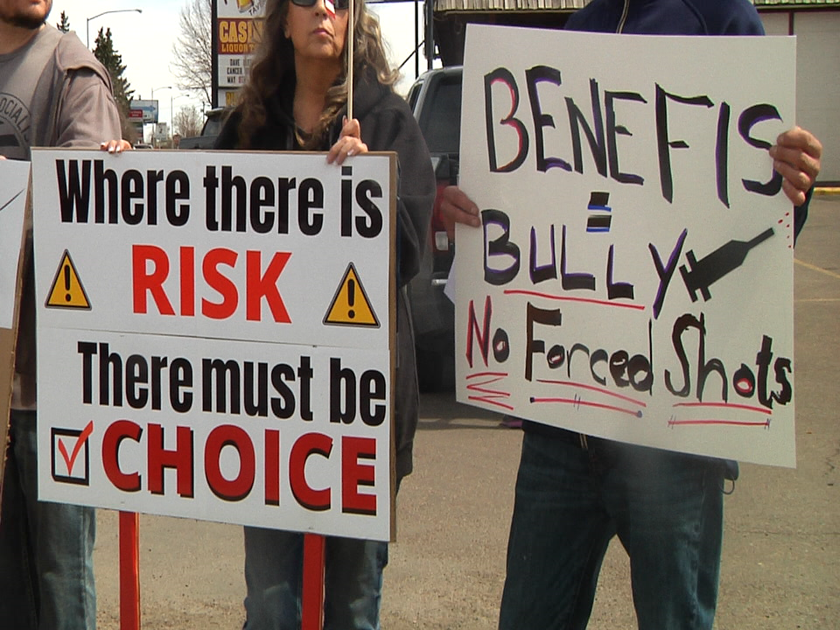 Protest happening on 10th Ave. after Benefis requires