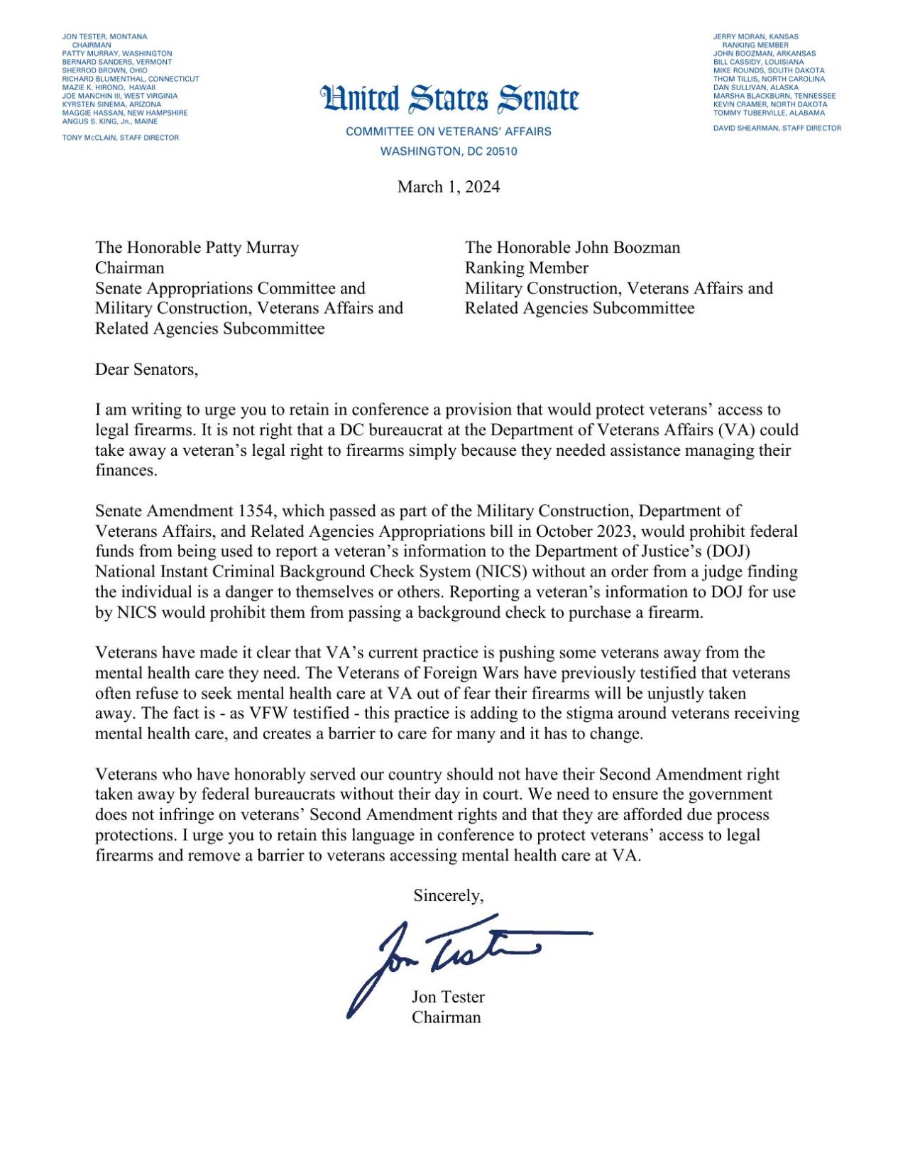 Senator Tester asks to keep amendment that protects veterans' access to ...