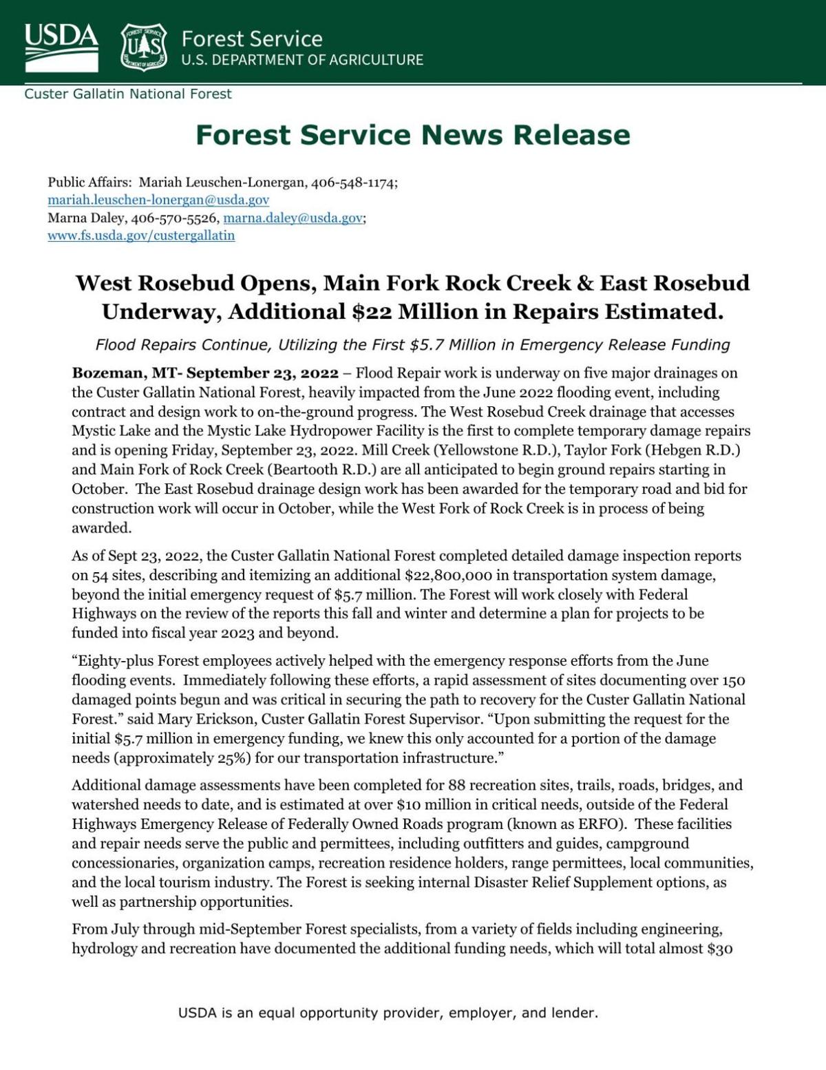 West Rosebud Opens, Main Fork Rock Creek & East Rosebud Underway, Additional 22 Million in