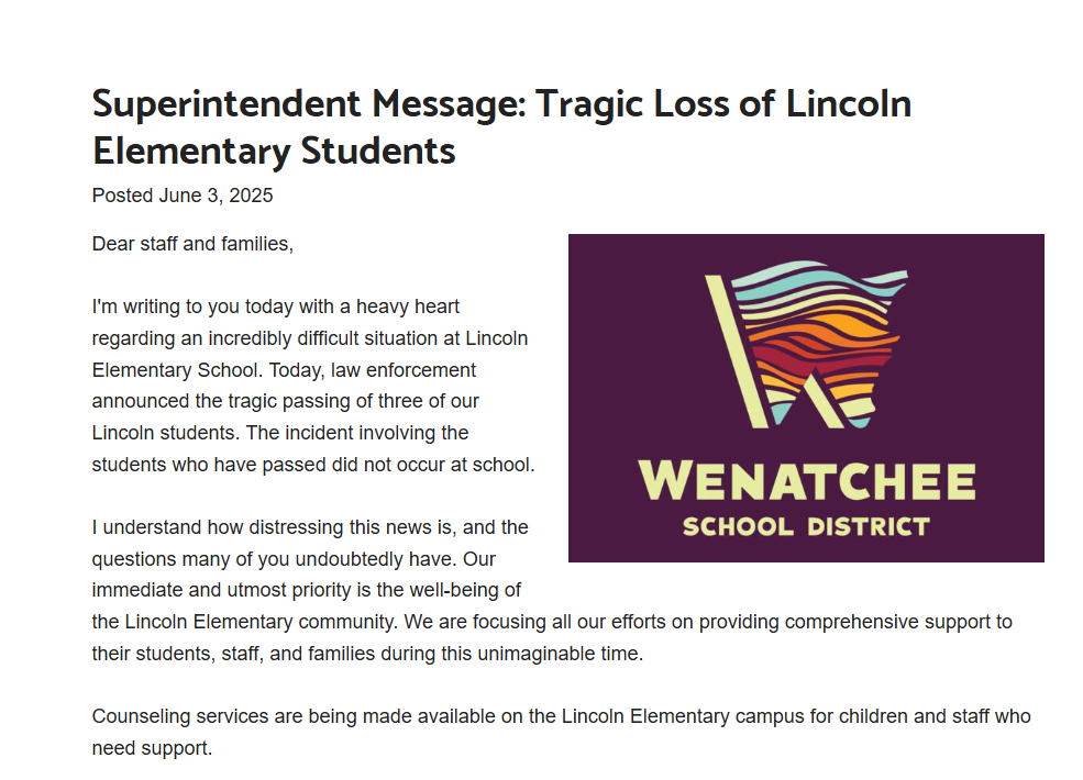 Wenatchee school district mourns loss of 3 Lincoln Elementary students