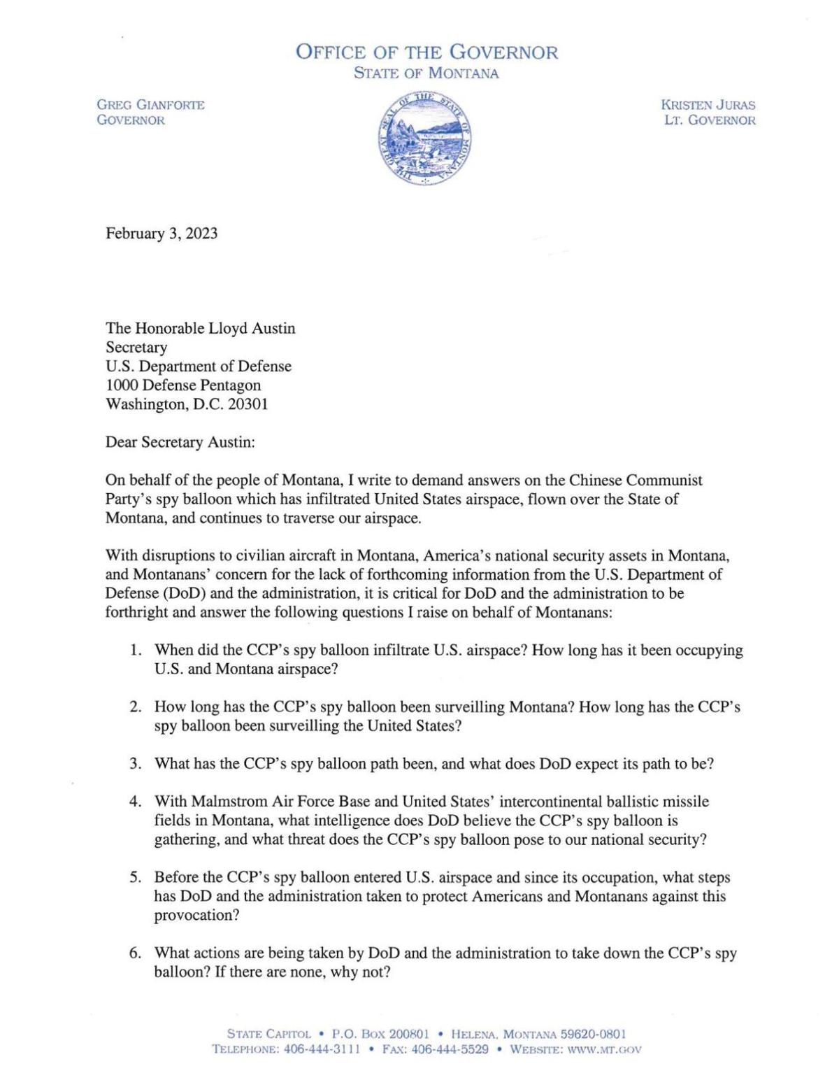 Governor Gianforte letter to Secretary of Defense Austin