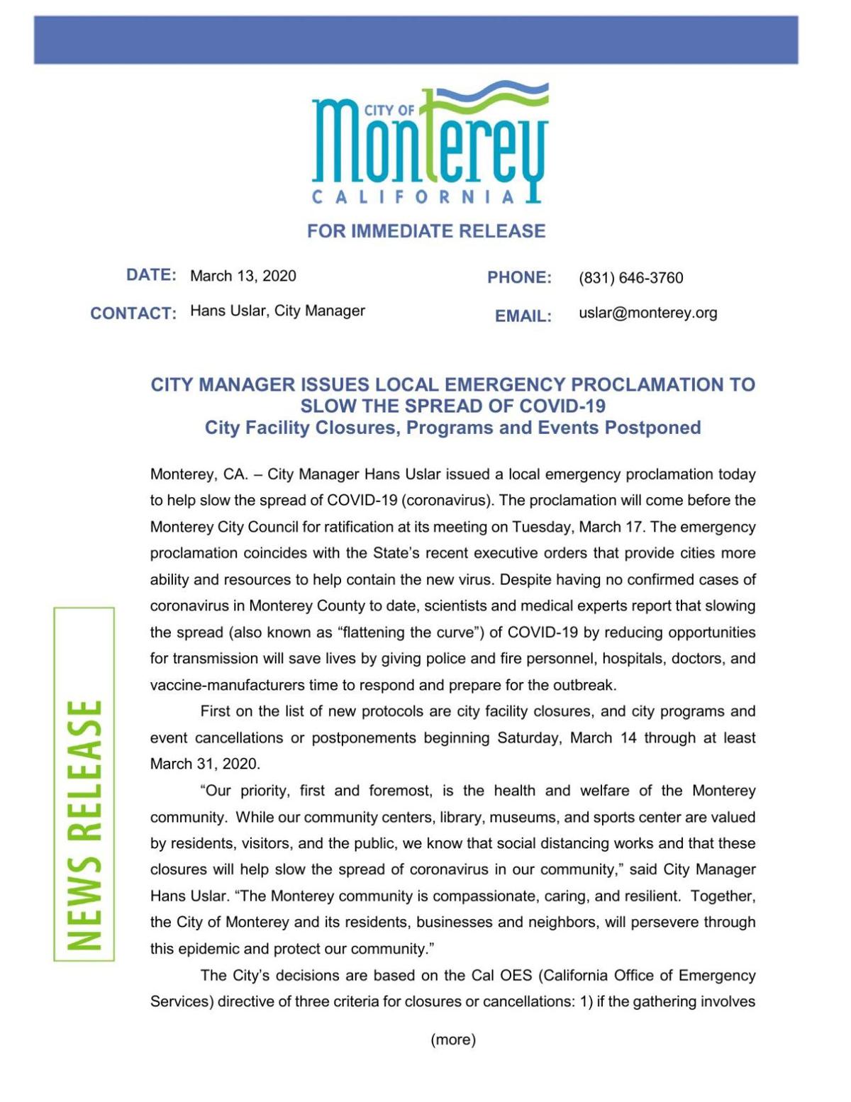 Monterey City Emergency Proclamation COVID-19