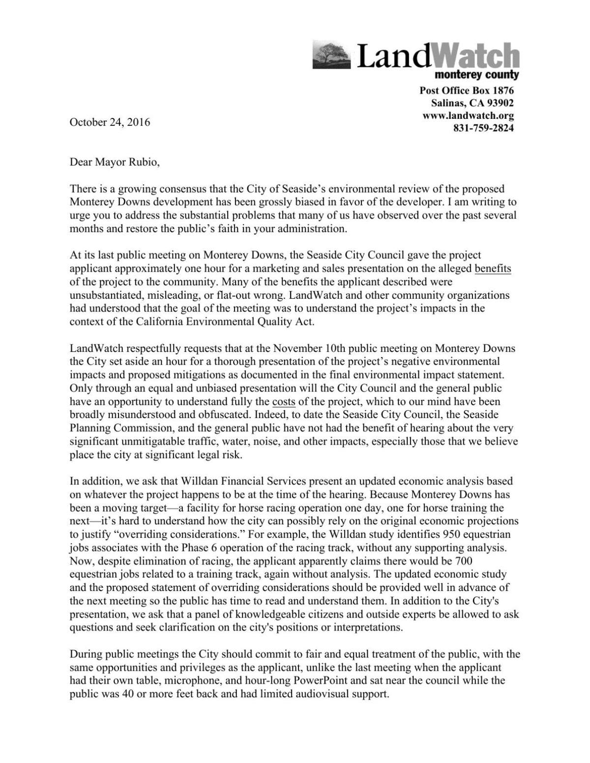 LandWatch letter to Seaside City Council