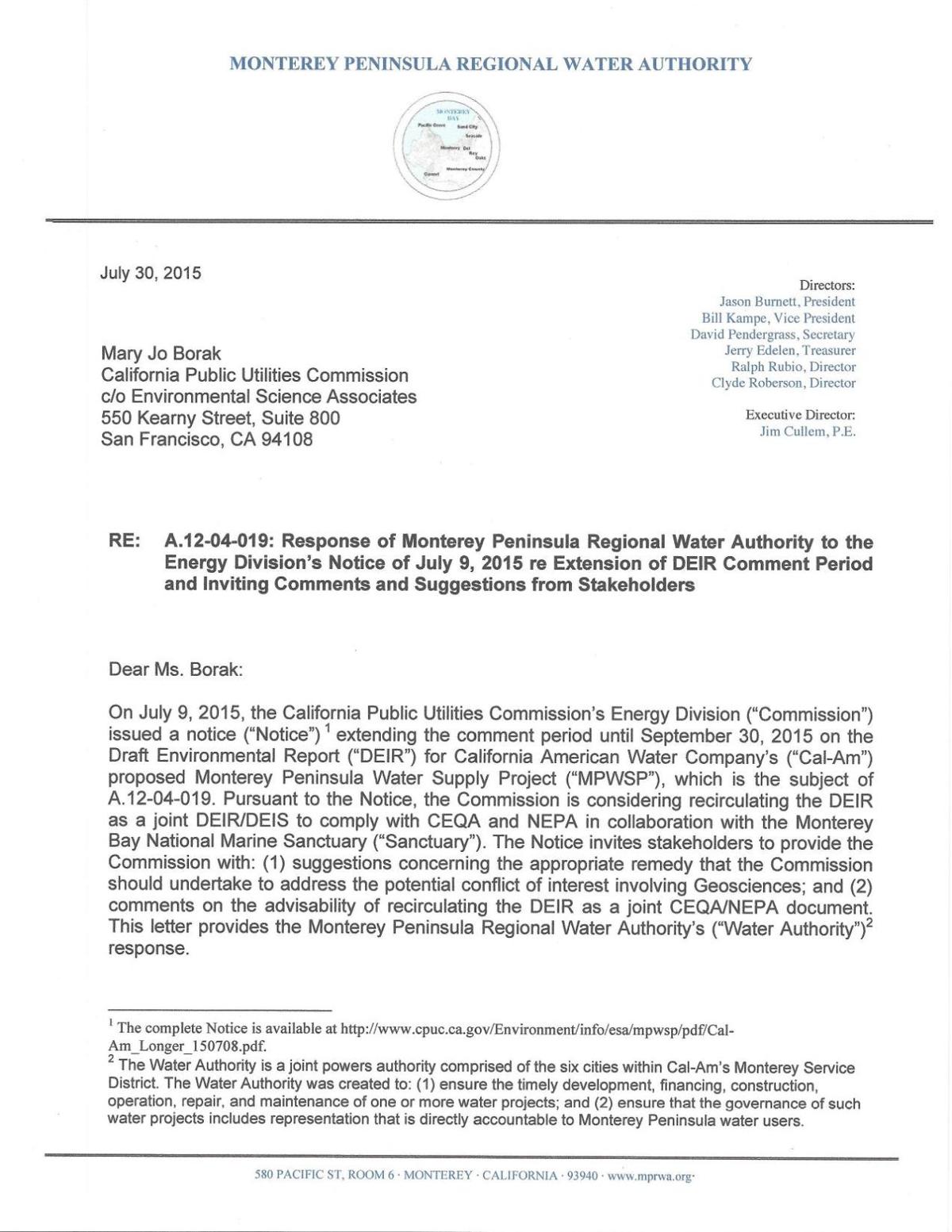 MPRWA letter to CPUC