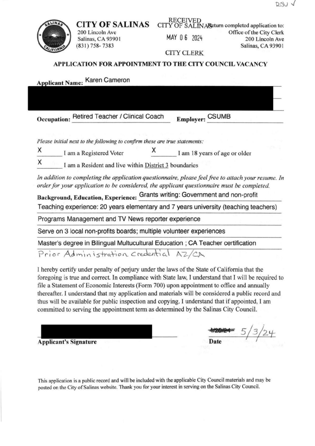 Applications for District 3 vacancy