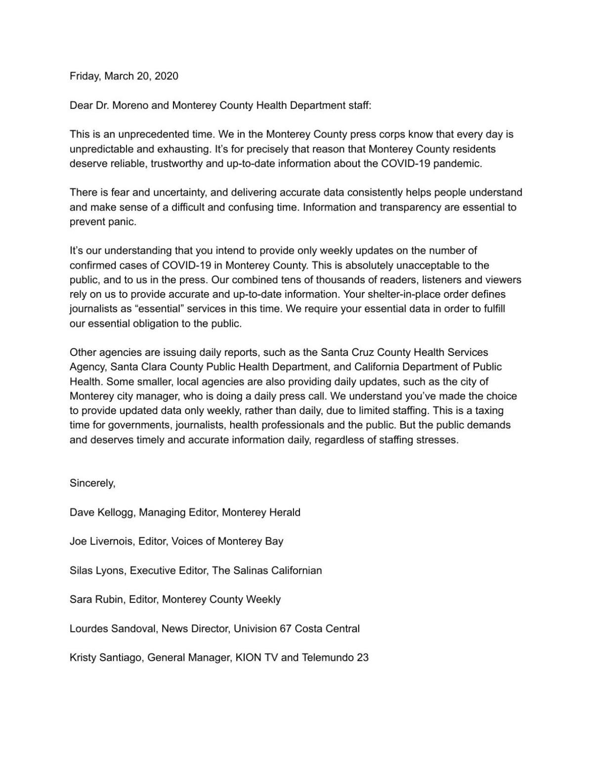 Letter to Health Department