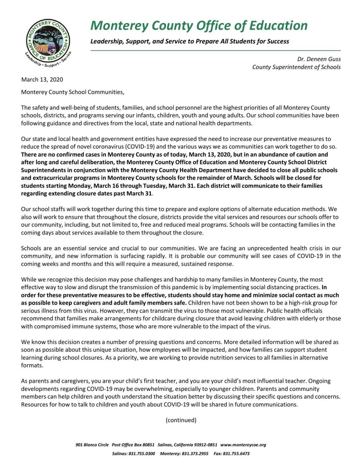 MCOE school closure letter