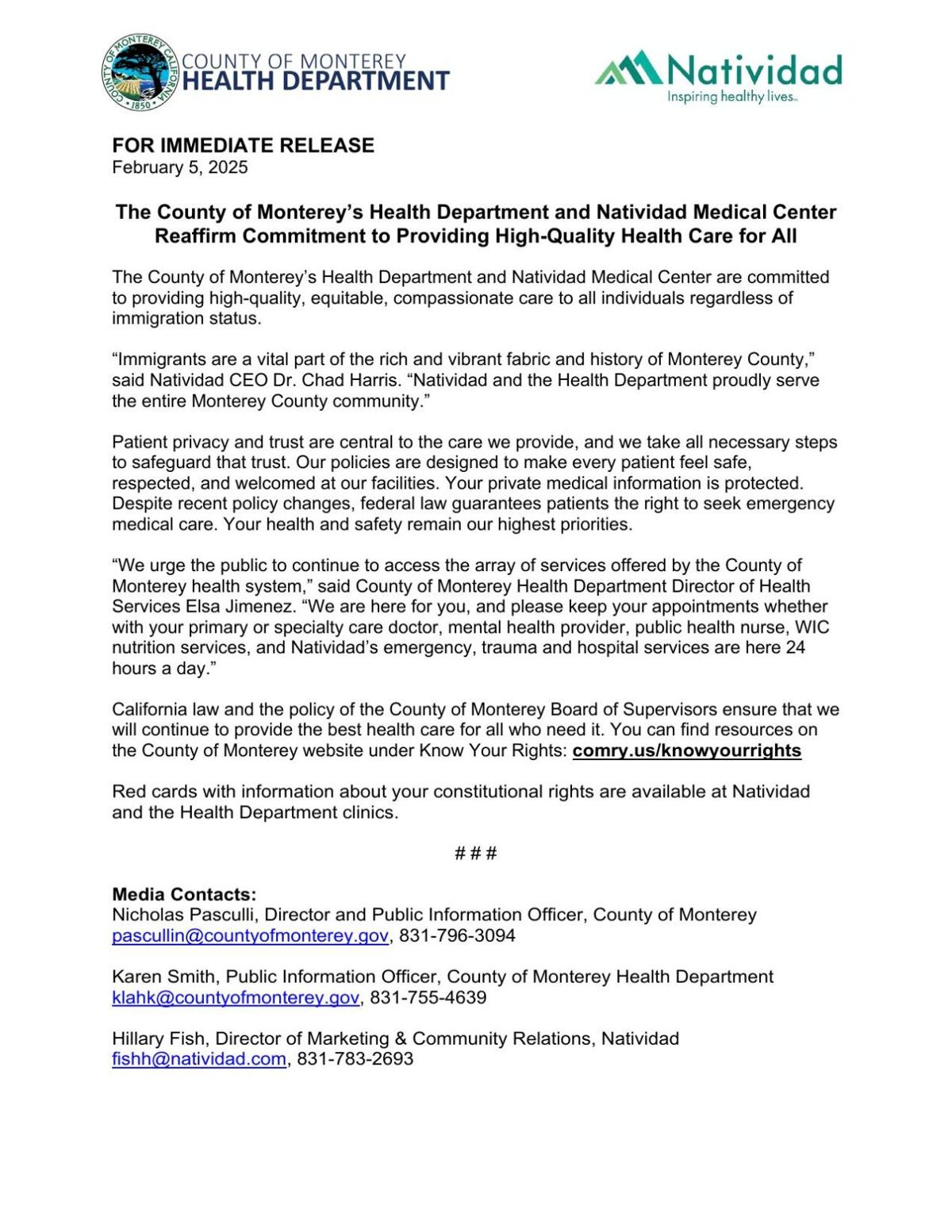 County Health Department Natividad Statement Immigration