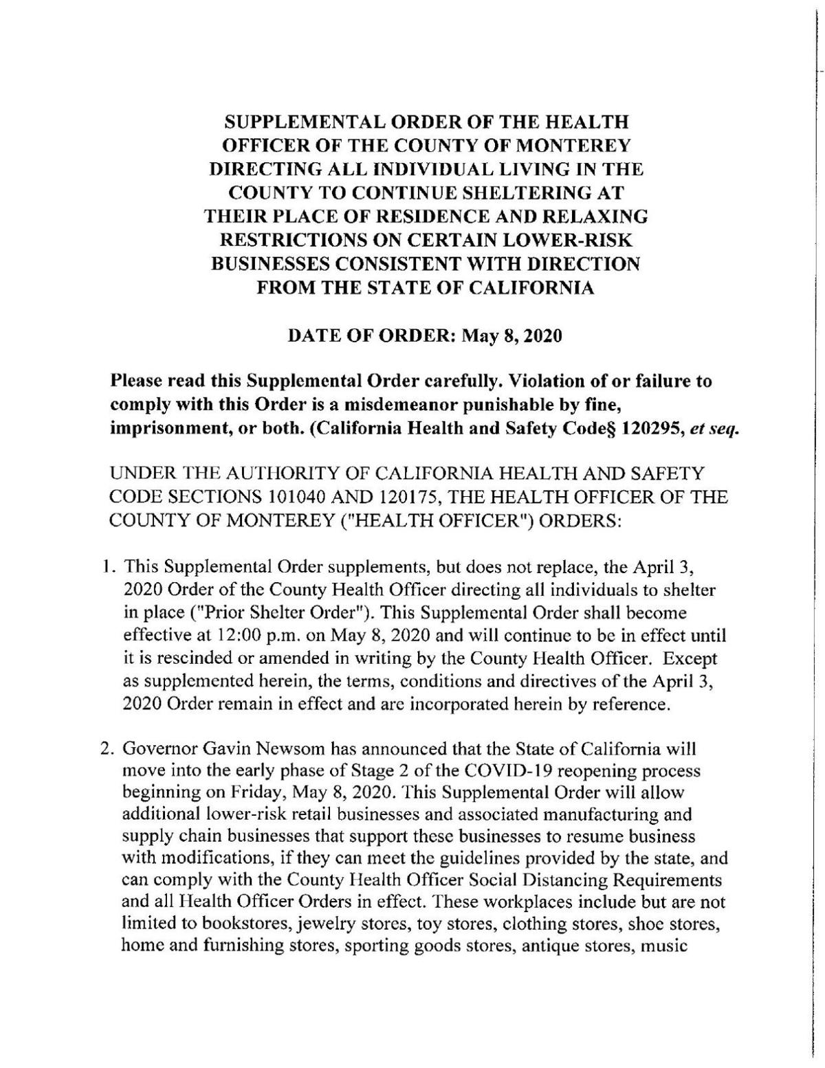 May 8 supplemental Monterey County Health Order