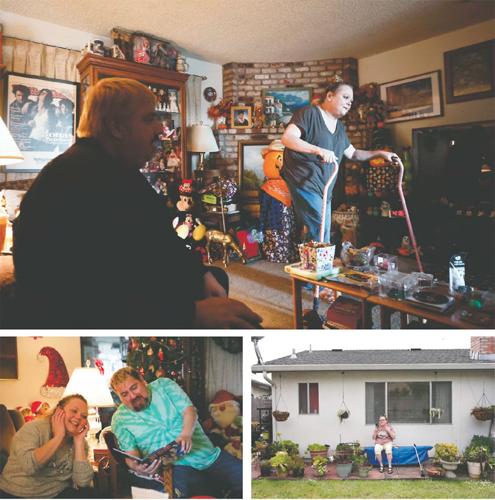Three photos are displayed in a mosaic. In the top photo: A white woman with blond hair holds a cane in each hand. She walks through a living room as light from the door comes through. There is a TV in the background and a coffee table in the foreground...