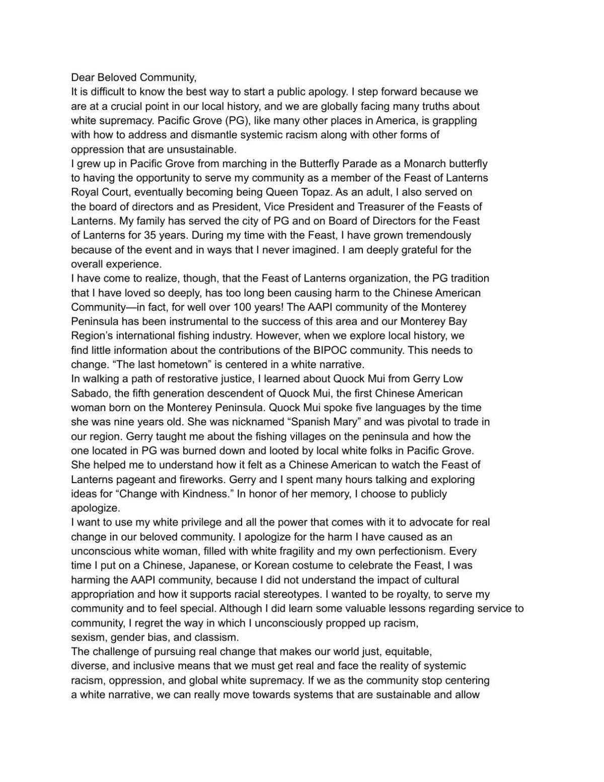 Kaye Coleman Feast of Lanterns Apology