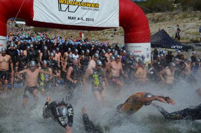 The start of the swim leg of the 31st Wildflower Triathlon