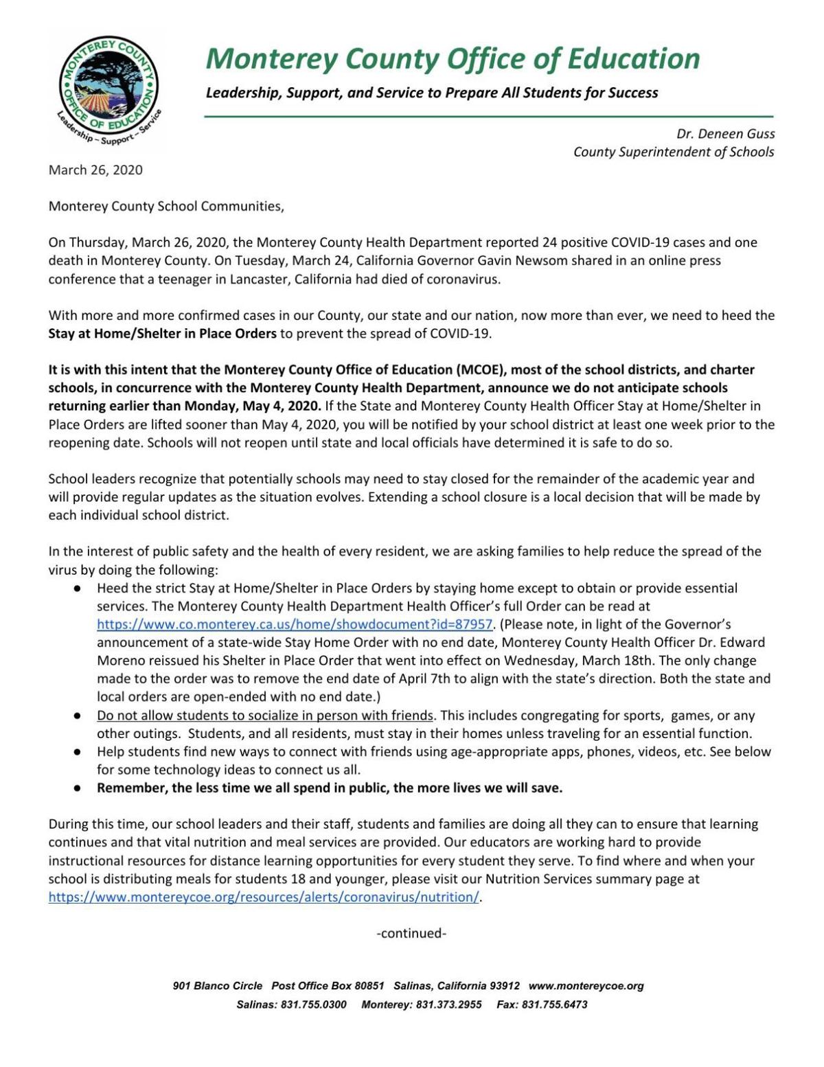 Letter extending school closure