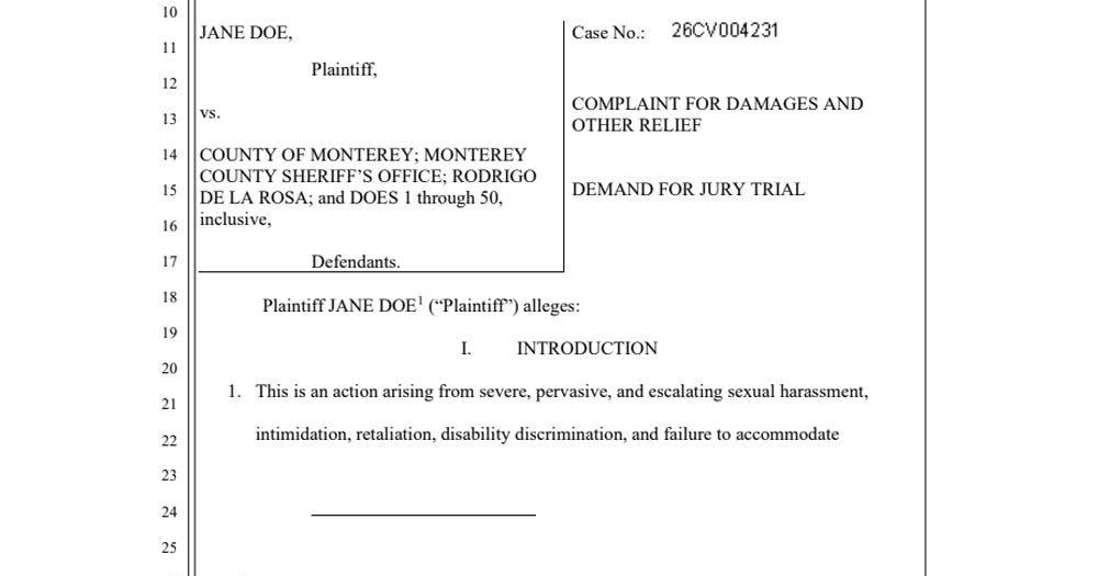 After reporting alleged harassment, an unnamed County of Monterey staffer sues her employer.