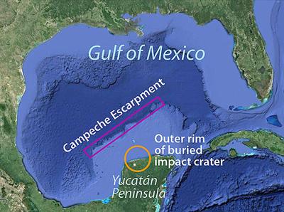 The Campeche Escarpment and the buried impact crater that caused a global extinction event about 65 million years ago.