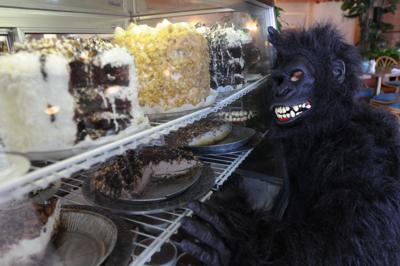 Gorilla peering in at Rosine's cakes.
