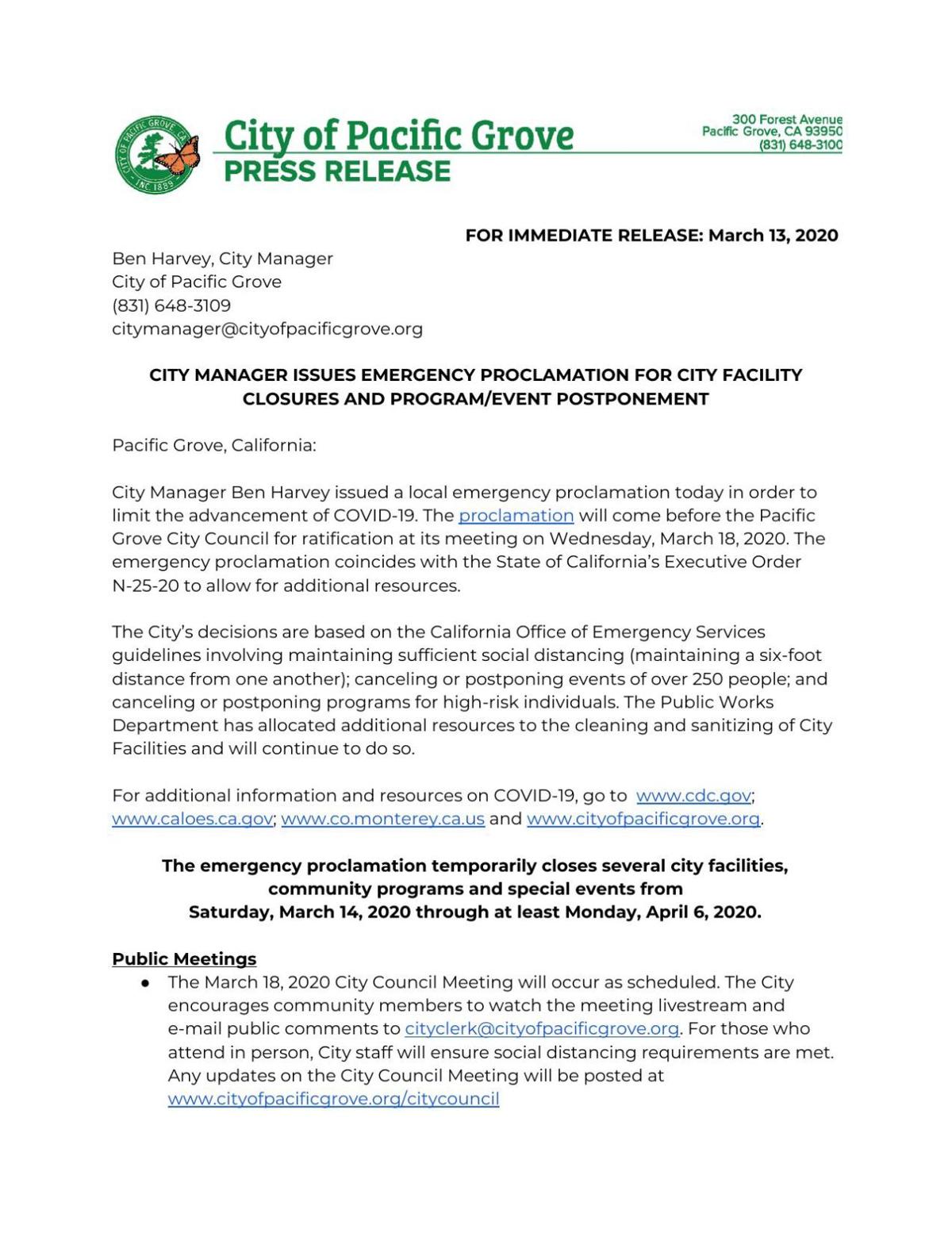 Pacific Grove COVID-19 emergency proclamation