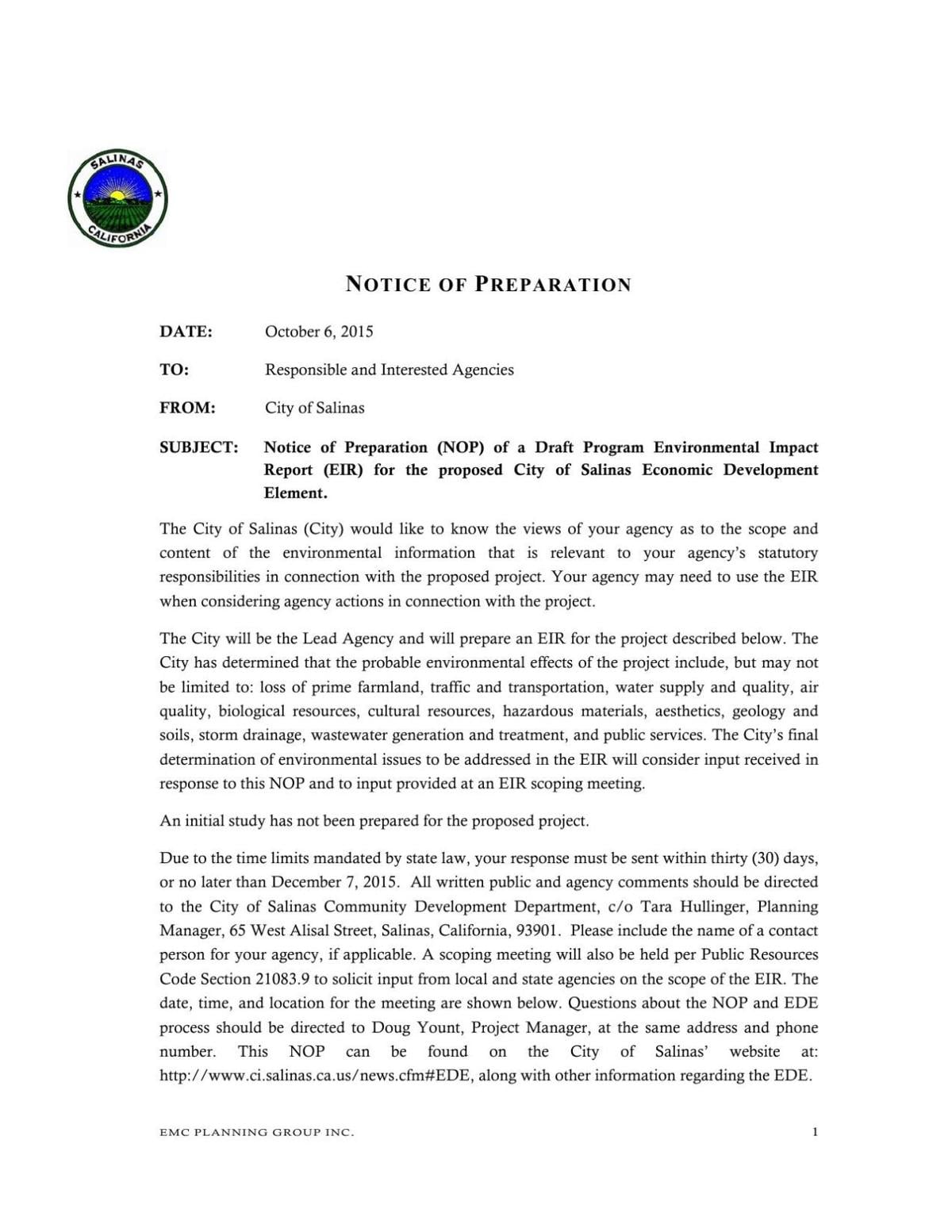 Notice of Preparation for Salinas' Economic Development Element