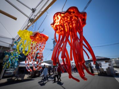 Fused glass jellyfish wind chimes by Darcy Russack