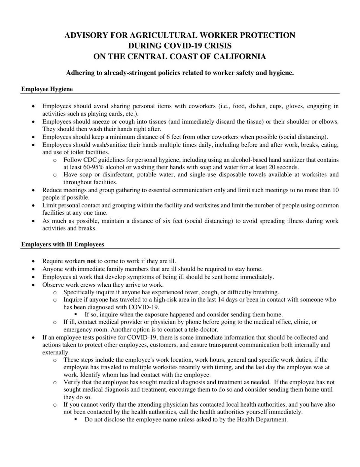 Advisory for Agricultural Worker Protections