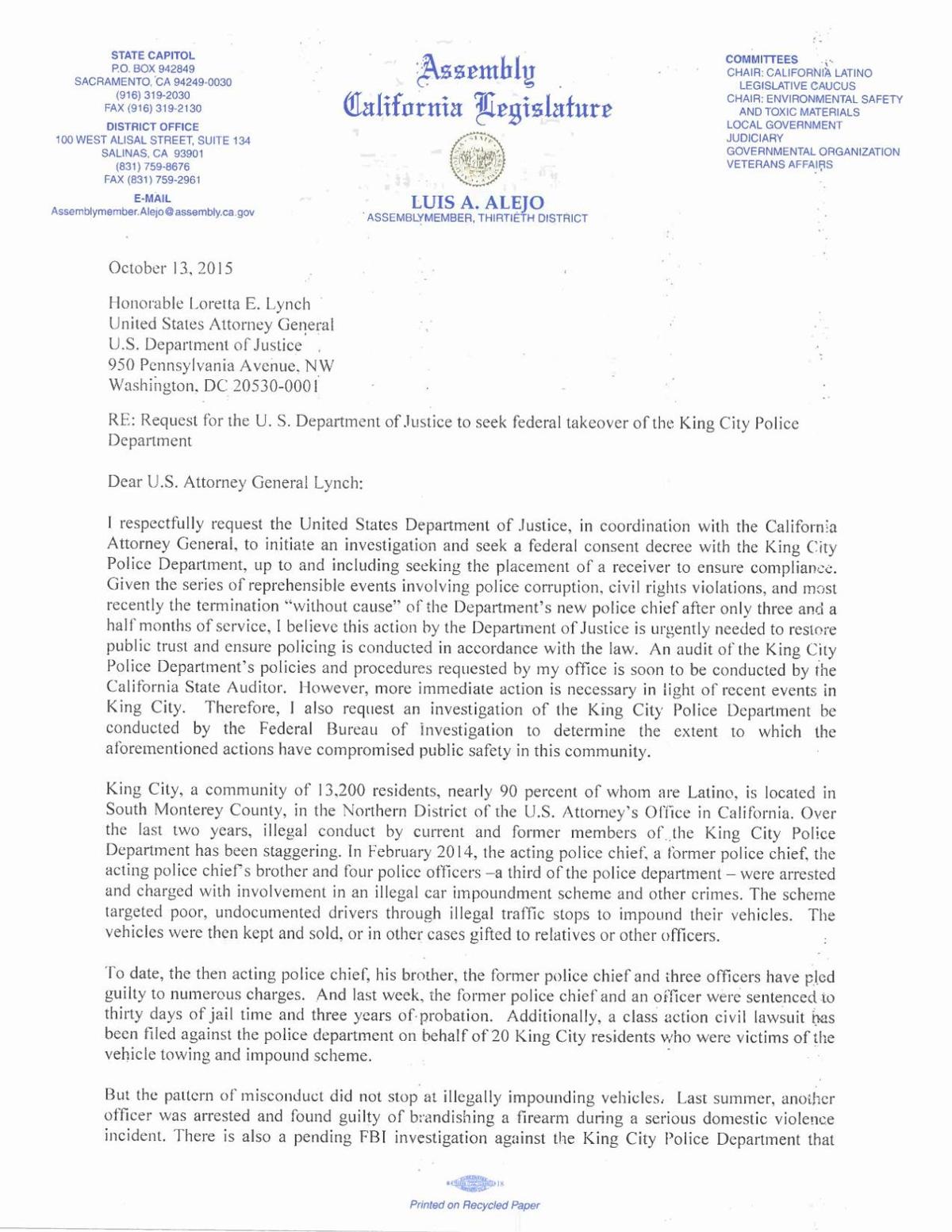 Assemblyman Luis Alejo's letter to Attorney General Loretta Lynch