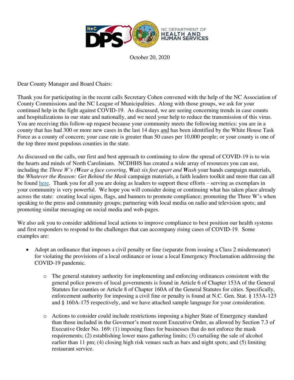 State's letter to counties
