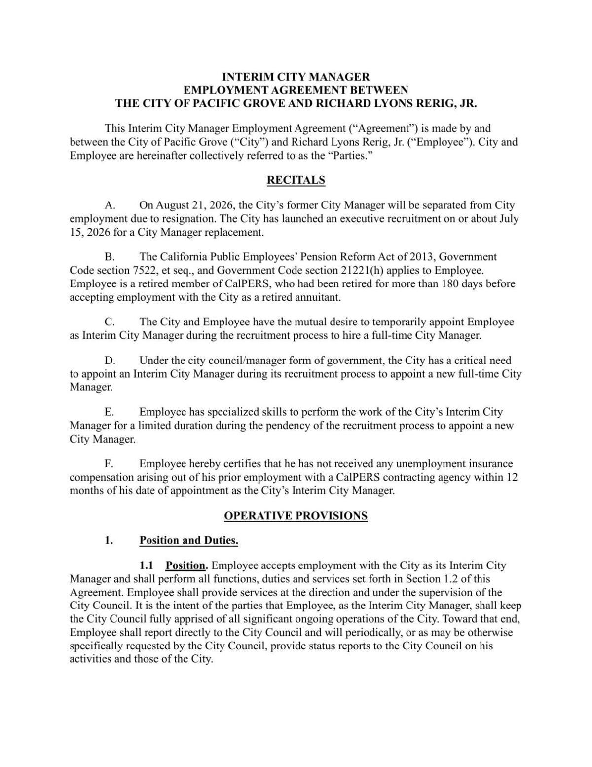 Chip Rerig Pacific Grove Interim Contract