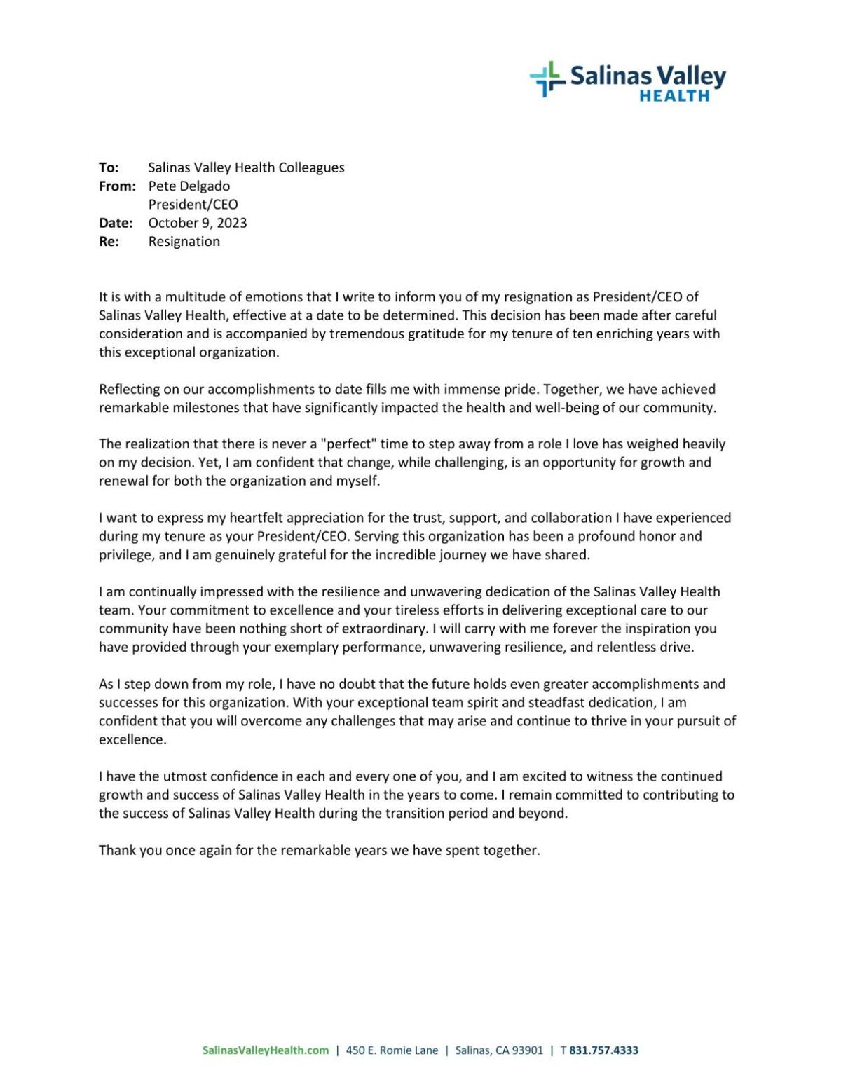 Pete Delgado resignation memo