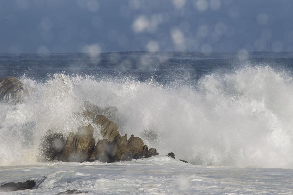 Large swell waves arriving on a coastline during a sunny day with